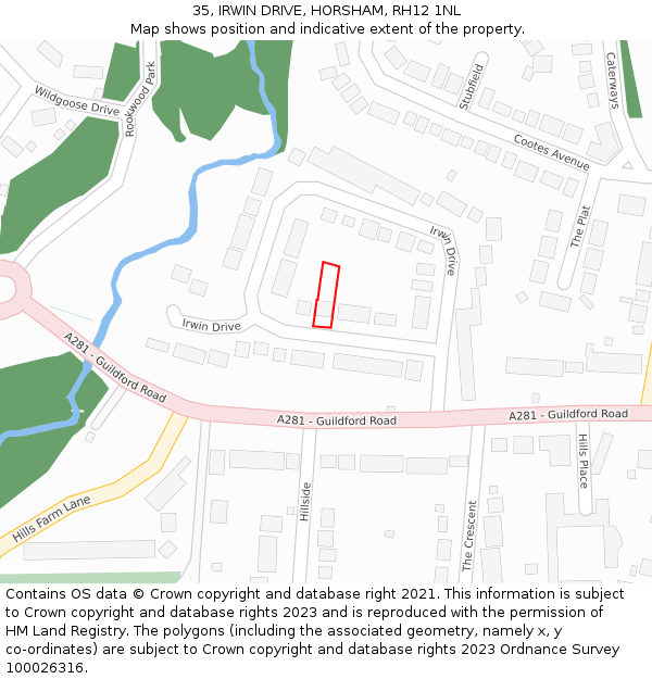 35, IRWIN DRIVE, HORSHAM, RH12 1NL: Location map and indicative extent of plot