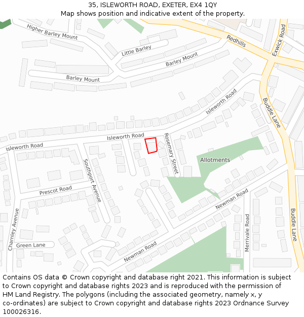 35, ISLEWORTH ROAD, EXETER, EX4 1QY: Location map and indicative extent of plot