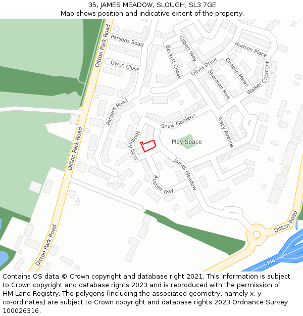 35, JAMES MEADOW, SLOUGH, SL3 7GE: Location map and indicative extent of plot