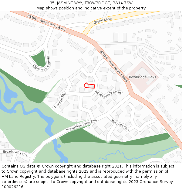 35, JASMINE WAY, TROWBRIDGE, BA14 7SW: Location map and indicative extent of plot