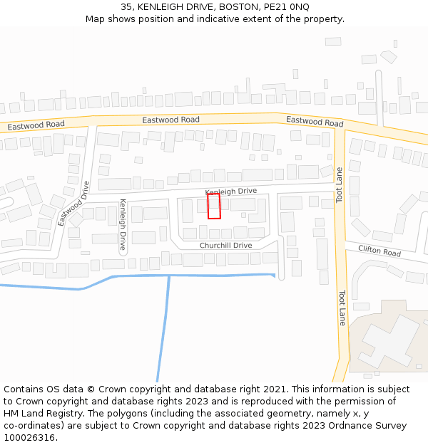 35, KENLEIGH DRIVE, BOSTON, PE21 0NQ: Location map and indicative extent of plot