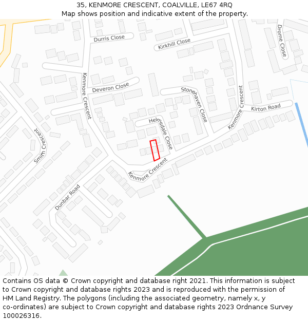 35, KENMORE CRESCENT, COALVILLE, LE67 4RQ: Location map and indicative extent of plot