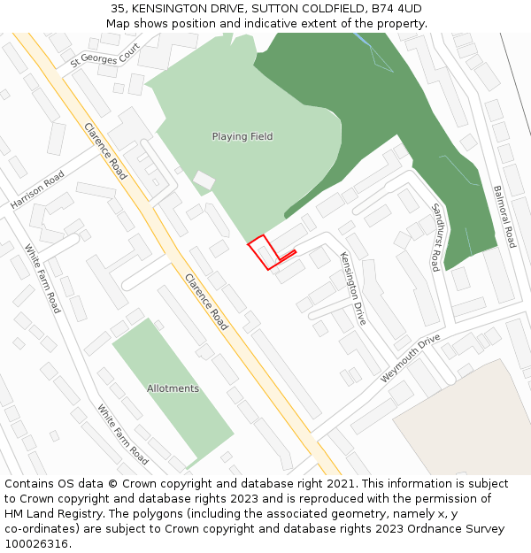 35, KENSINGTON DRIVE, SUTTON COLDFIELD, B74 4UD: Location map and indicative extent of plot