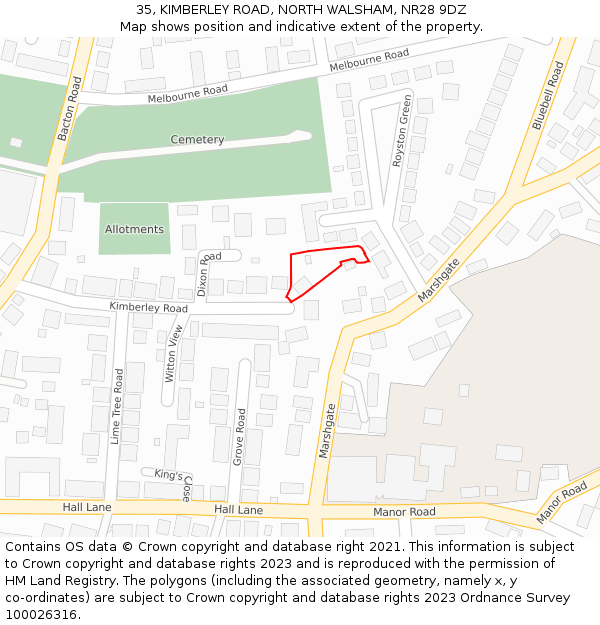 35, KIMBERLEY ROAD, NORTH WALSHAM, NR28 9DZ: Location map and indicative extent of plot