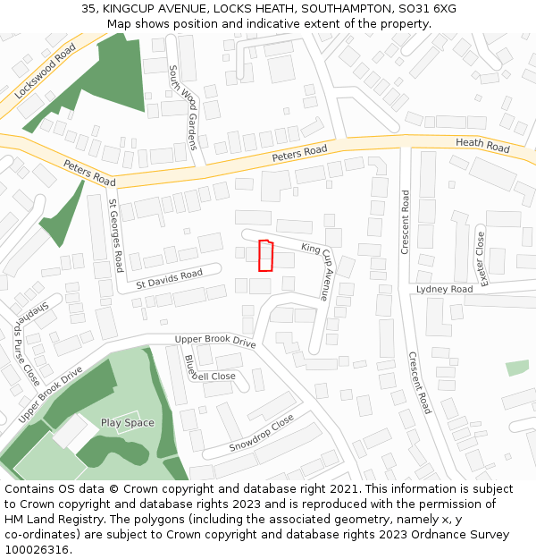 35, KINGCUP AVENUE, LOCKS HEATH, SOUTHAMPTON, SO31 6XG: Location map and indicative extent of plot