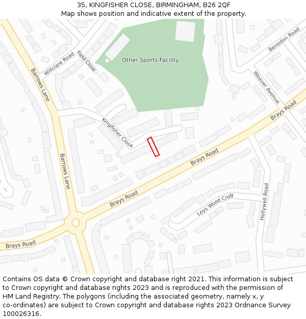 35, KINGFISHER CLOSE, BIRMINGHAM, B26 2QF: Location map and indicative extent of plot