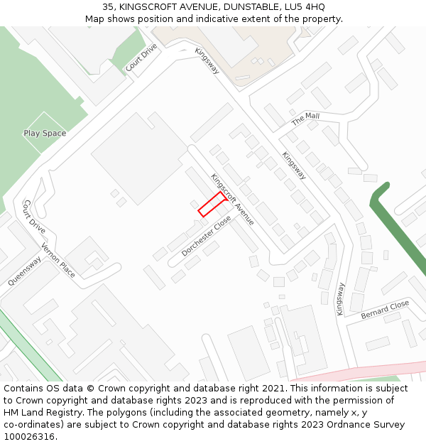 35, KINGSCROFT AVENUE, DUNSTABLE, LU5 4HQ: Location map and indicative extent of plot