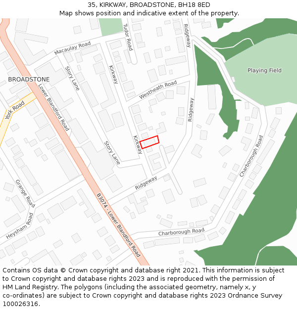 35, KIRKWAY, BROADSTONE, BH18 8ED: Location map and indicative extent of plot