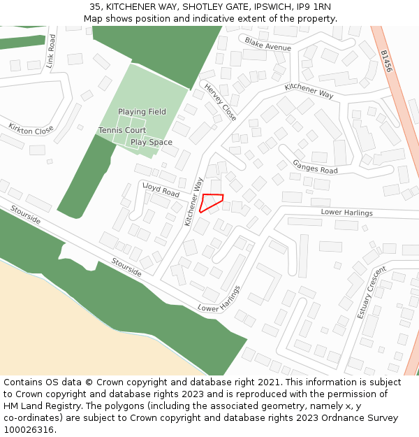 35, KITCHENER WAY, SHOTLEY GATE, IPSWICH, IP9 1RN: Location map and indicative extent of plot