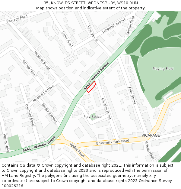 35, KNOWLES STREET, WEDNESBURY, WS10 9HN: Location map and indicative extent of plot