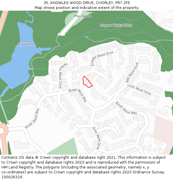 35, KNOWLES WOOD DRIVE, CHORLEY, PR7 2FE: Location map and indicative extent of plot