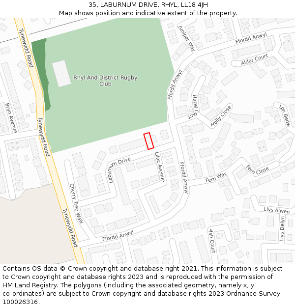 35, LABURNUM DRIVE, RHYL, LL18 4JH: Location map and indicative extent of plot