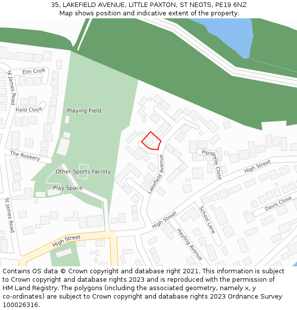 35, LAKEFIELD AVENUE, LITTLE PAXTON, ST NEOTS, PE19 6NZ: Location map and indicative extent of plot