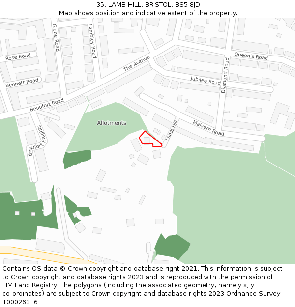 35, LAMB HILL, BRISTOL, BS5 8JD: Location map and indicative extent of plot