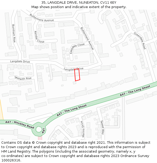 35, LANGDALE DRIVE, NUNEATON, CV11 6EY: Location map and indicative extent of plot