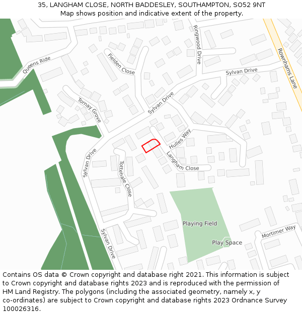 35, LANGHAM CLOSE, NORTH BADDESLEY, SOUTHAMPTON, SO52 9NT: Location map and indicative extent of plot