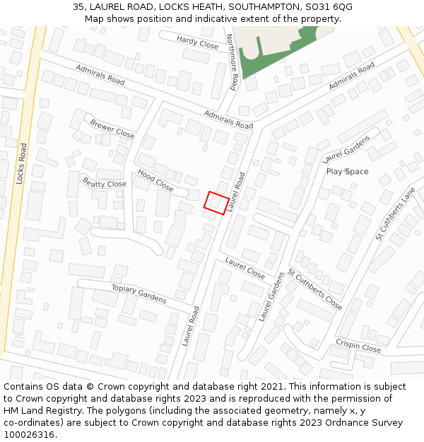 35, LAUREL ROAD, LOCKS HEATH, SOUTHAMPTON, SO31 6QG: Location map and indicative extent of plot