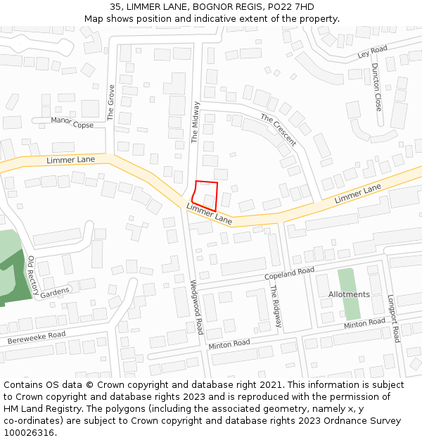 35, LIMMER LANE, BOGNOR REGIS, PO22 7HD: Location map and indicative extent of plot