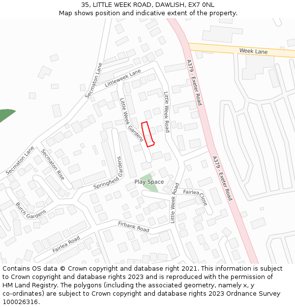 35, LITTLE WEEK ROAD, DAWLISH, EX7 0NL: Location map and indicative extent of plot