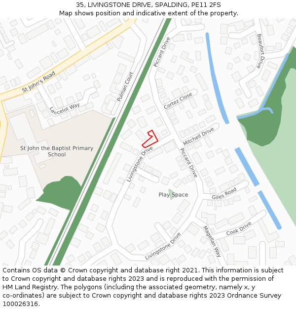 35, LIVINGSTONE DRIVE, SPALDING, PE11 2FS: Location map and indicative extent of plot