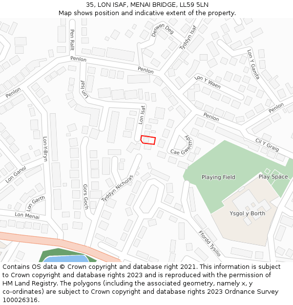 35, LON ISAF, MENAI BRIDGE, LL59 5LN: Location map and indicative extent of plot