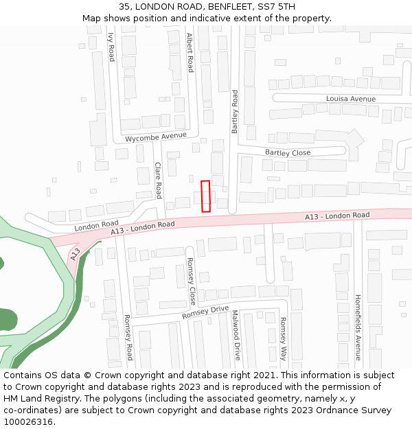 35, LONDON ROAD, BENFLEET, SS7 5TH: Location map and indicative extent of plot