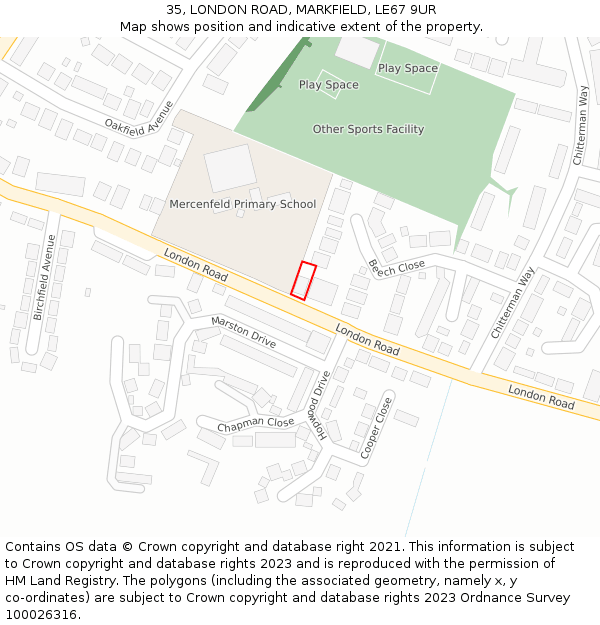 35, LONDON ROAD, MARKFIELD, LE67 9UR: Location map and indicative extent of plot