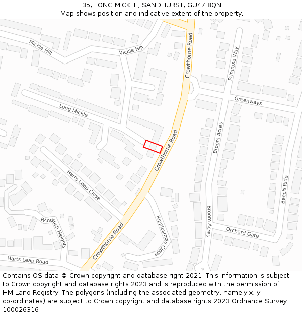 35, LONG MICKLE, SANDHURST, GU47 8QN: Location map and indicative extent of plot