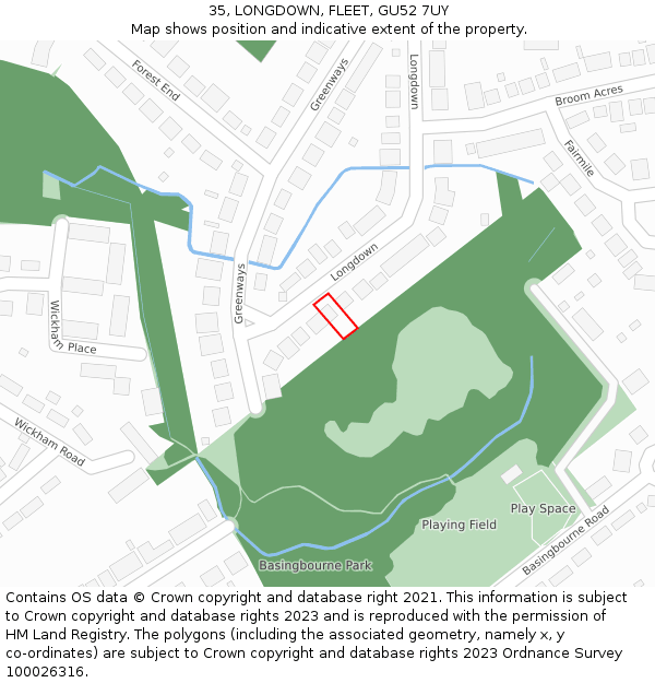 35, LONGDOWN, FLEET, GU52 7UY: Location map and indicative extent of plot