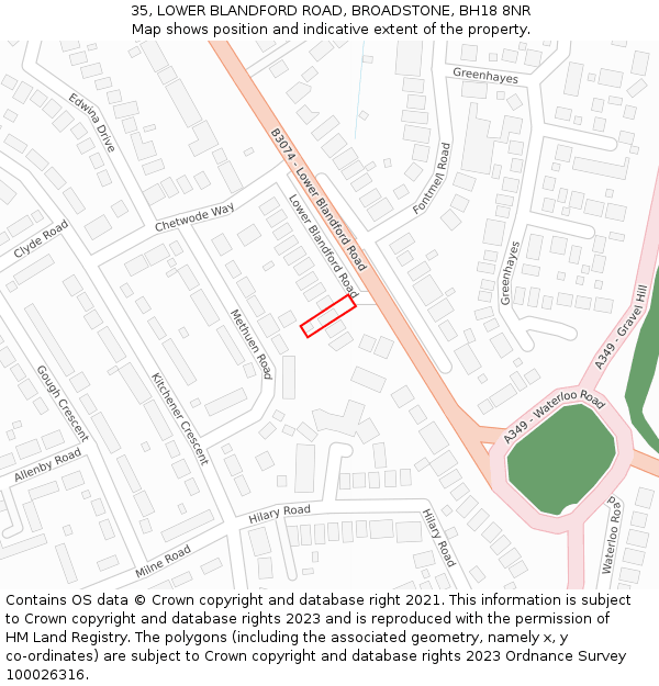 35, LOWER BLANDFORD ROAD, BROADSTONE, BH18 8NR: Location map and indicative extent of plot