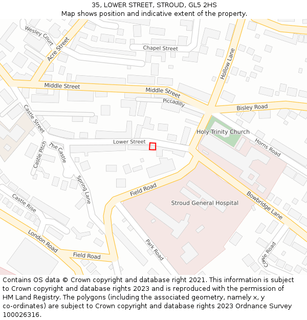 35, LOWER STREET, STROUD, GL5 2HS: Location map and indicative extent of plot