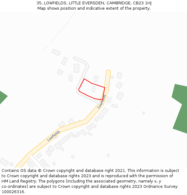 35, LOWFIELDS, LITTLE EVERSDEN, CAMBRIDGE, CB23 1HJ: Location map and indicative extent of plot