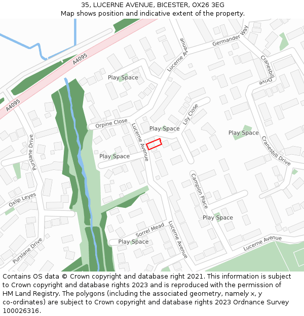 35, LUCERNE AVENUE, BICESTER, OX26 3EG: Location map and indicative extent of plot