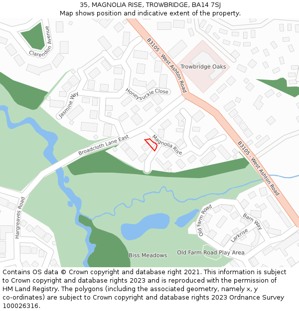 35, MAGNOLIA RISE, TROWBRIDGE, BA14 7SJ: Location map and indicative extent of plot