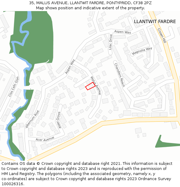 35, MALUS AVENUE, LLANTWIT FARDRE, PONTYPRIDD, CF38 2PZ: Location map and indicative extent of plot