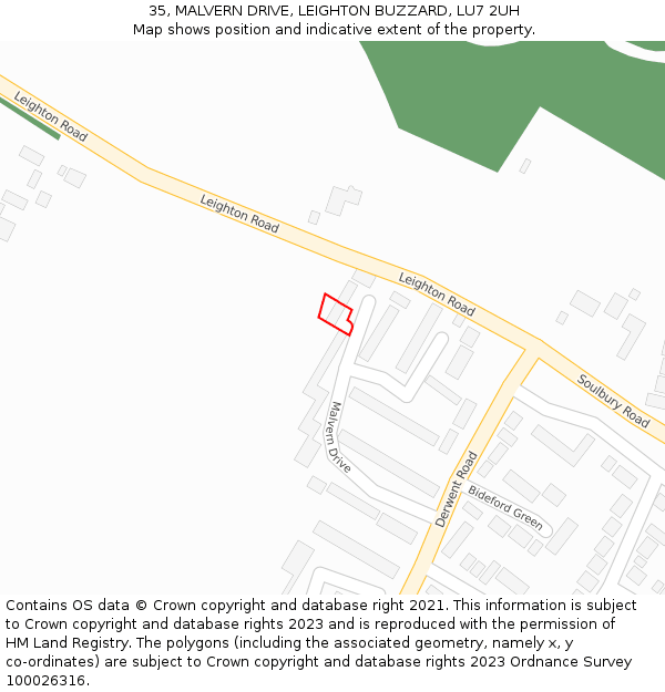 35, MALVERN DRIVE, LEIGHTON BUZZARD, LU7 2UH: Location map and indicative extent of plot