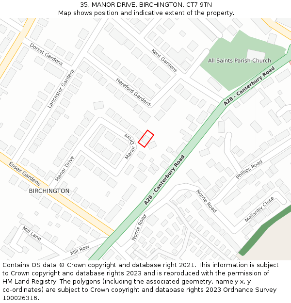 35, MANOR DRIVE, BIRCHINGTON, CT7 9TN: Location map and indicative extent of plot