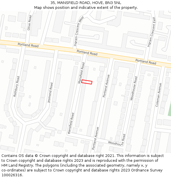 35, MANSFIELD ROAD, HOVE, BN3 5NL: Location map and indicative extent of plot
