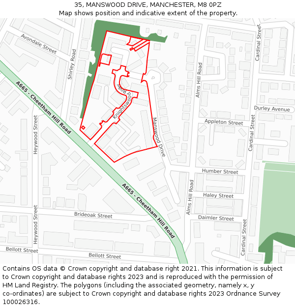 35, MANSWOOD DRIVE, MANCHESTER, M8 0PZ: Location map and indicative extent of plot