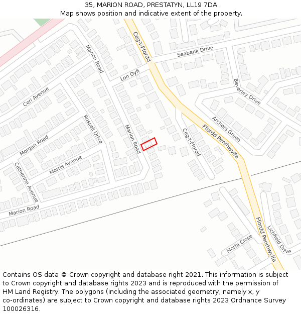 35, MARION ROAD, PRESTATYN, LL19 7DA: Location map and indicative extent of plot