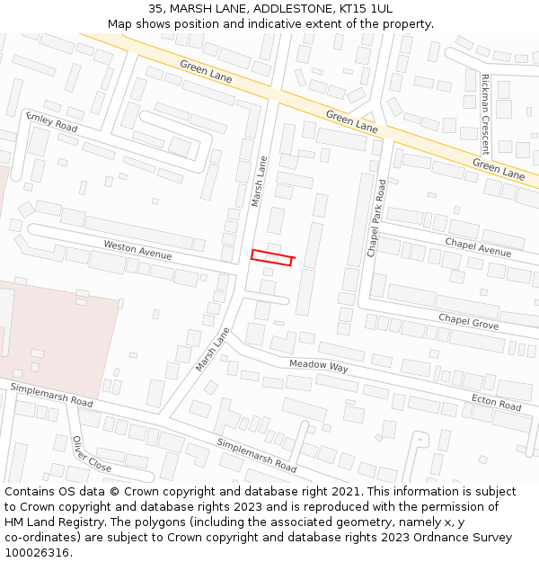 35, MARSH LANE, ADDLESTONE, KT15 1UL: Location map and indicative extent of plot