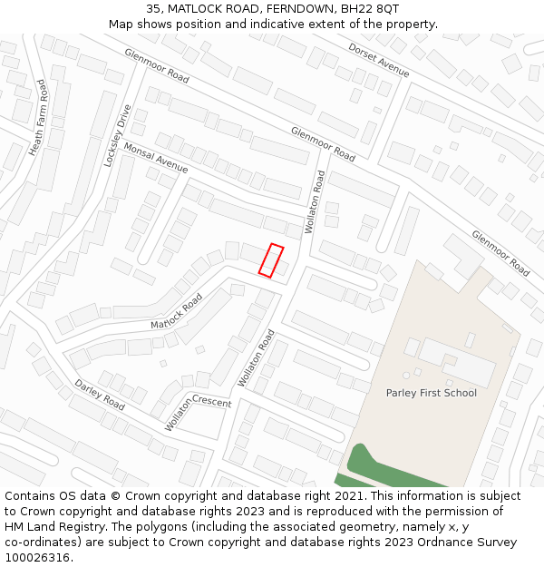 35, MATLOCK ROAD, FERNDOWN, BH22 8QT: Location map and indicative extent of plot