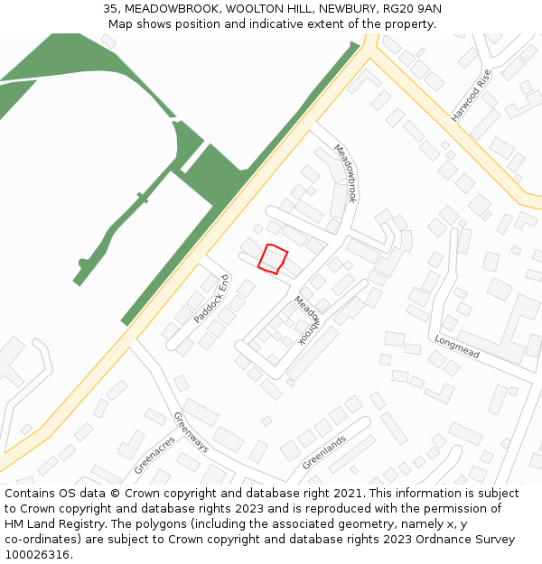 35, MEADOWBROOK, WOOLTON HILL, NEWBURY, RG20 9AN: Location map and indicative extent of plot