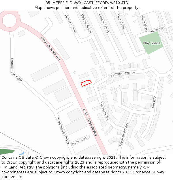 35, MEREFIELD WAY, CASTLEFORD, WF10 4TD: Location map and indicative extent of plot