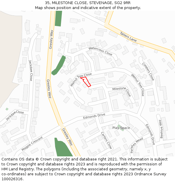 35, MILESTONE CLOSE, STEVENAGE, SG2 9RR: Location map and indicative extent of plot