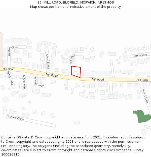 35, MILL ROAD, BLOFIELD, NORWICH, NR13 4QS: Location map and indicative extent of plot