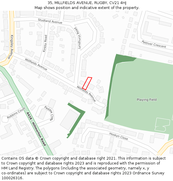 35, MILLFIELDS AVENUE, RUGBY, CV21 4HJ: Location map and indicative extent of plot