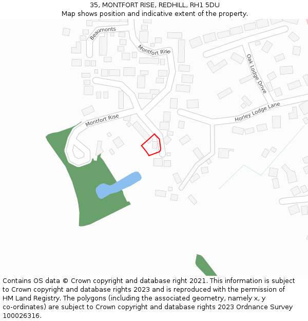 35, MONTFORT RISE, REDHILL, RH1 5DU: Location map and indicative extent of plot