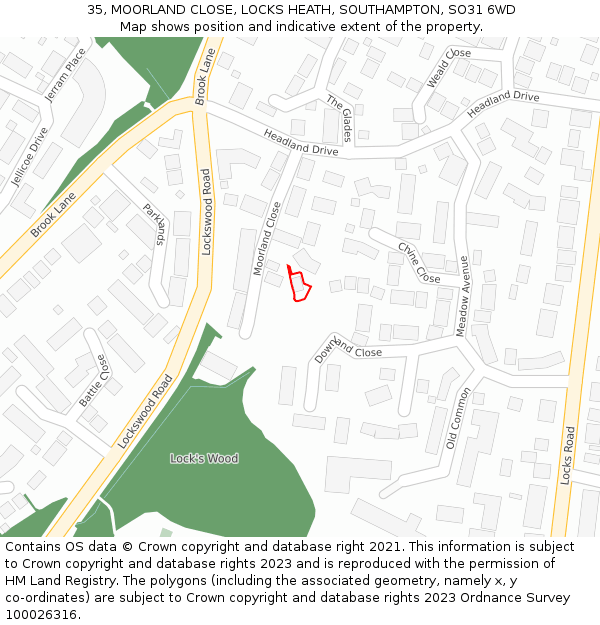 35, MOORLAND CLOSE, LOCKS HEATH, SOUTHAMPTON, SO31 6WD: Location map and indicative extent of plot