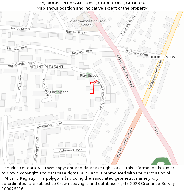 35, MOUNT PLEASANT ROAD, CINDERFORD, GL14 3BX: Location map and indicative extent of plot